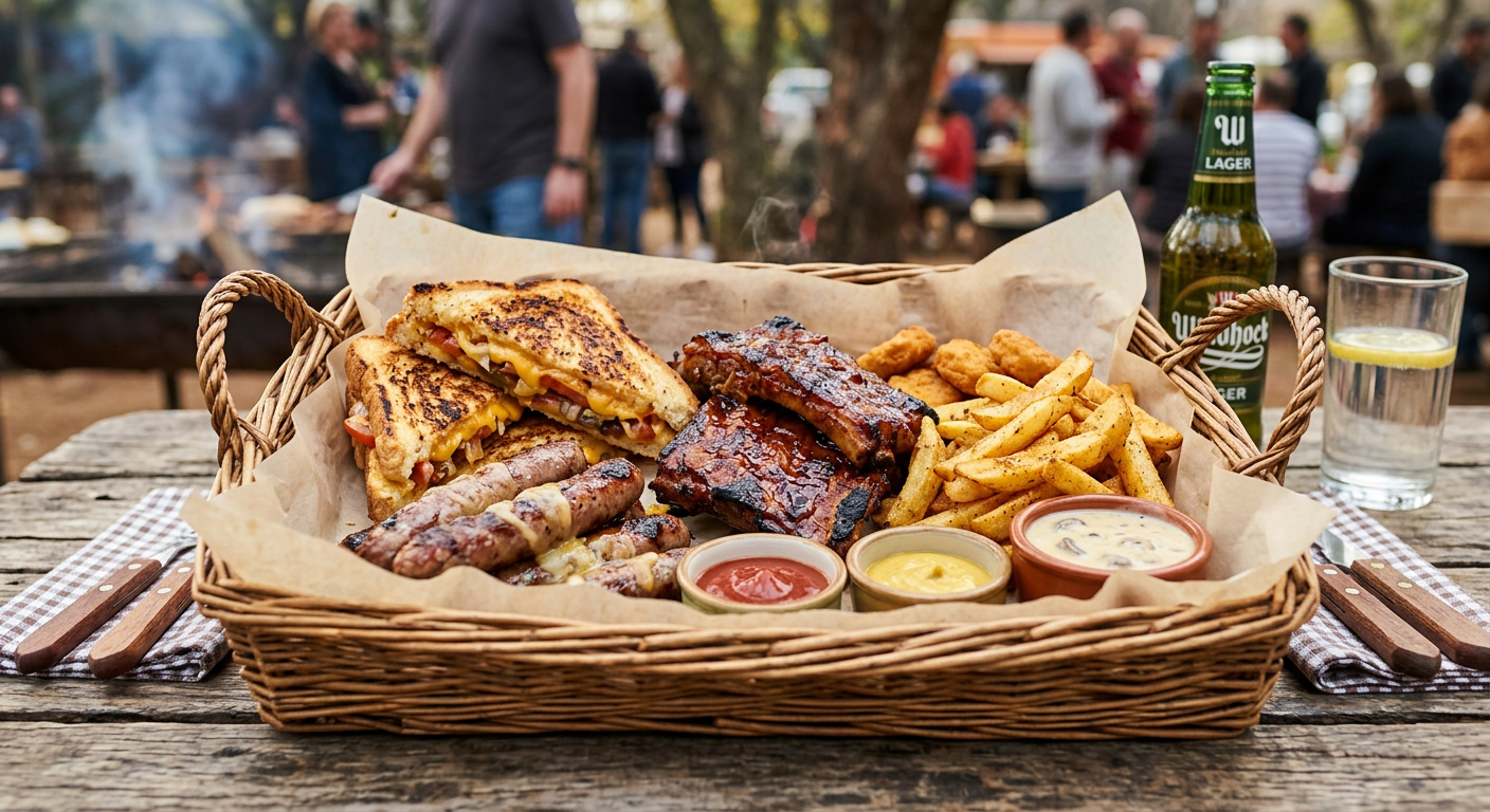 Firefly_Gemini Flash_A generous South African braai lunch basket for two, served warm in a rustic woven ba 838513
